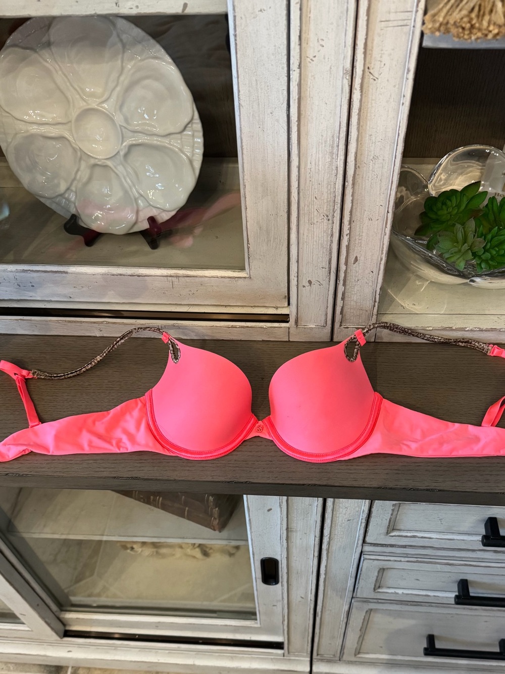 Victoria Secret Neon Coral Women's Push-Up Bra with Leopard Straps